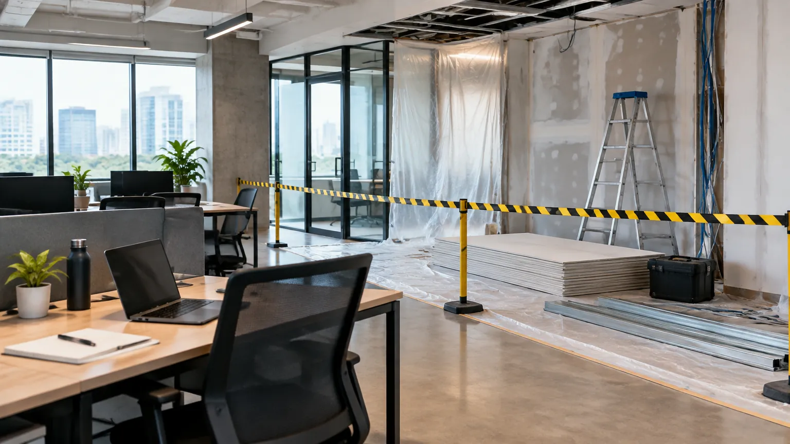 Renovasi kantor dibatasi pita di samping meja kerja