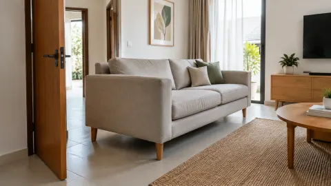 Ruang tamu dengan sofa dan meja menghadap televisi
