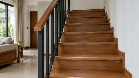 Tangga kayu dengan anak tangga dan pagar logam