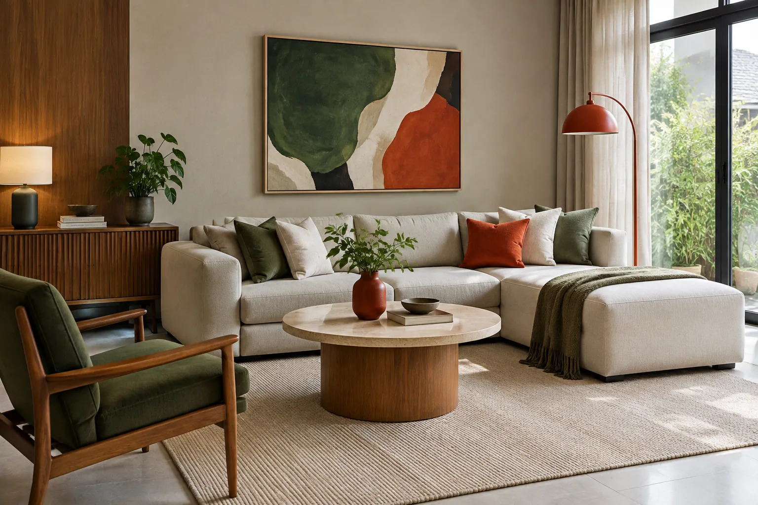 Ruang tamu dengan lukisan abstrak dan bantal berwarna pada sofa