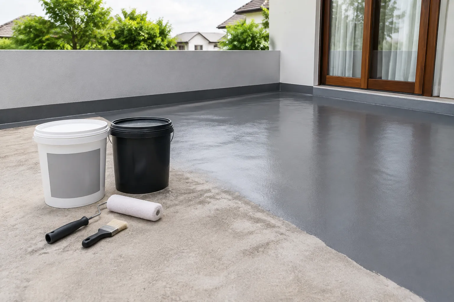 Bahan dan rol disiapkan di samping lapisan waterproofing baru di teras