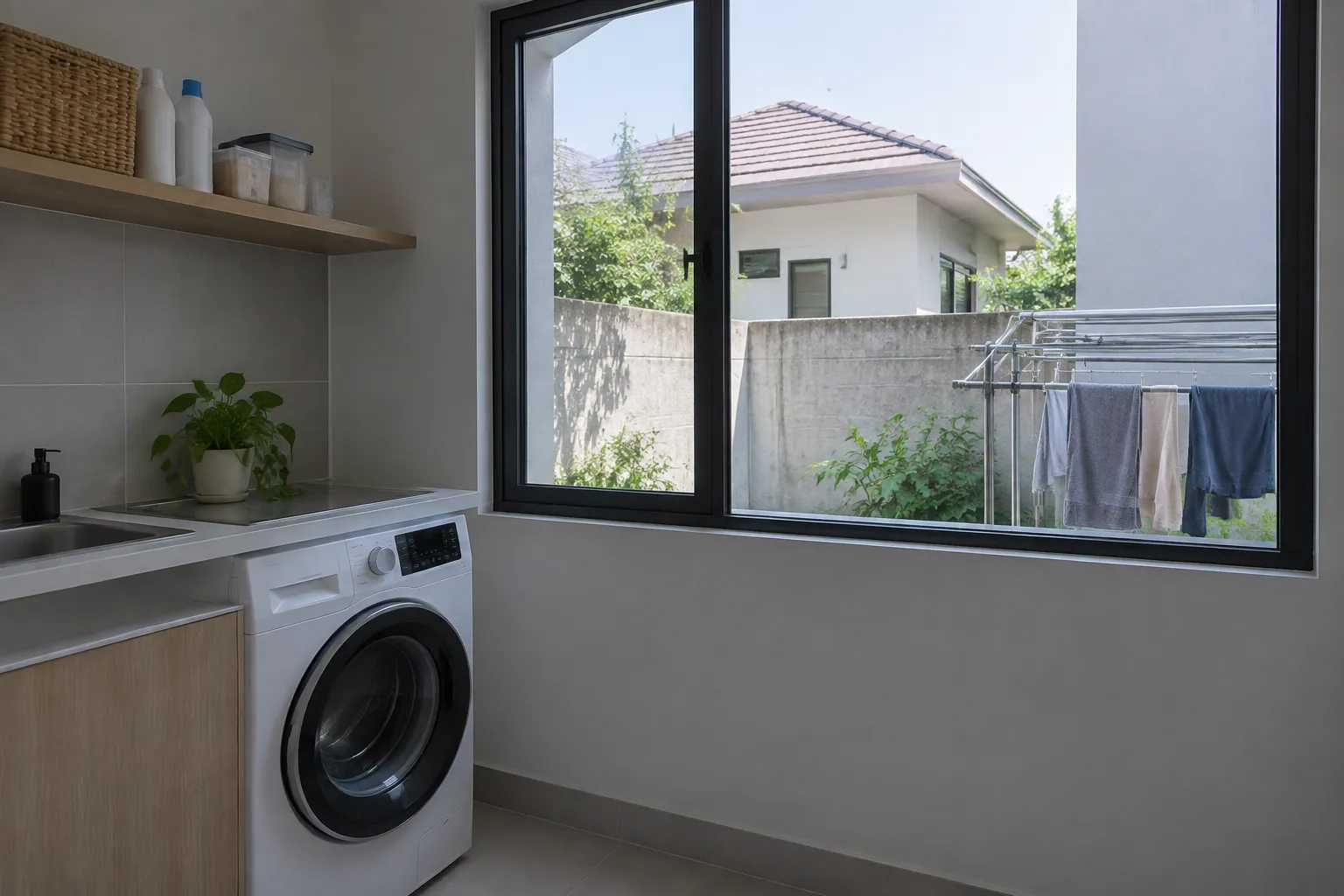 Jendela laundry dengan jemuran di luar