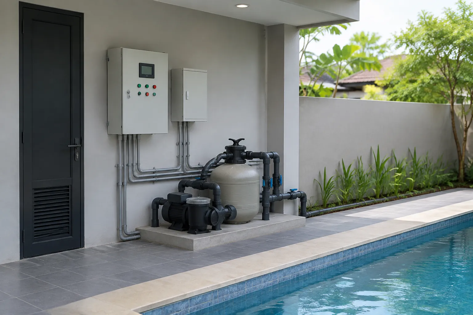 Panel listrik dan pompa tampak dekat area kolam.