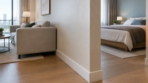 Partisi putih memisahkan area duduk dan kamar tidur