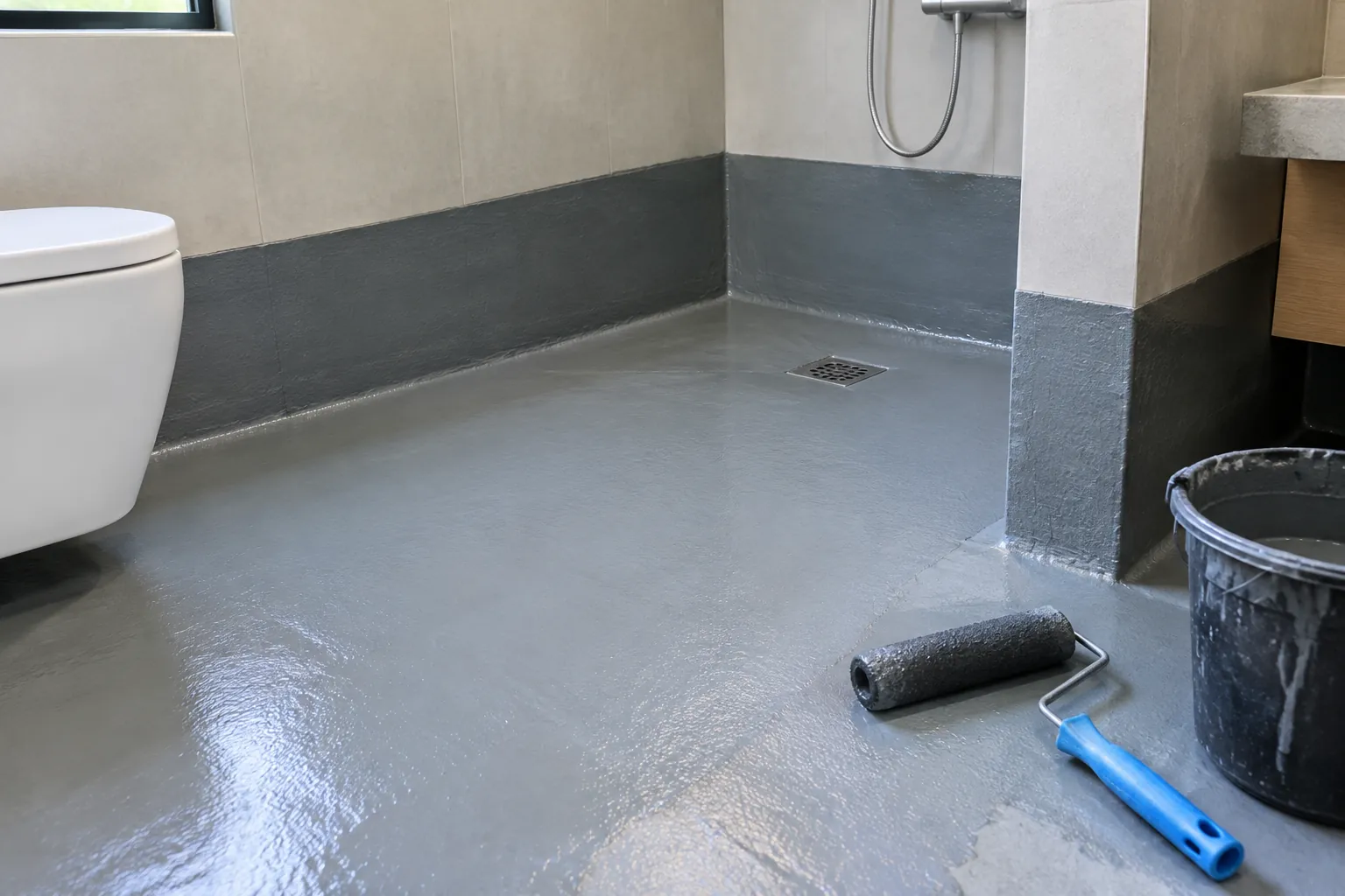 Lapisan abu-abu sedang diratakan pada lantai kamar mandi