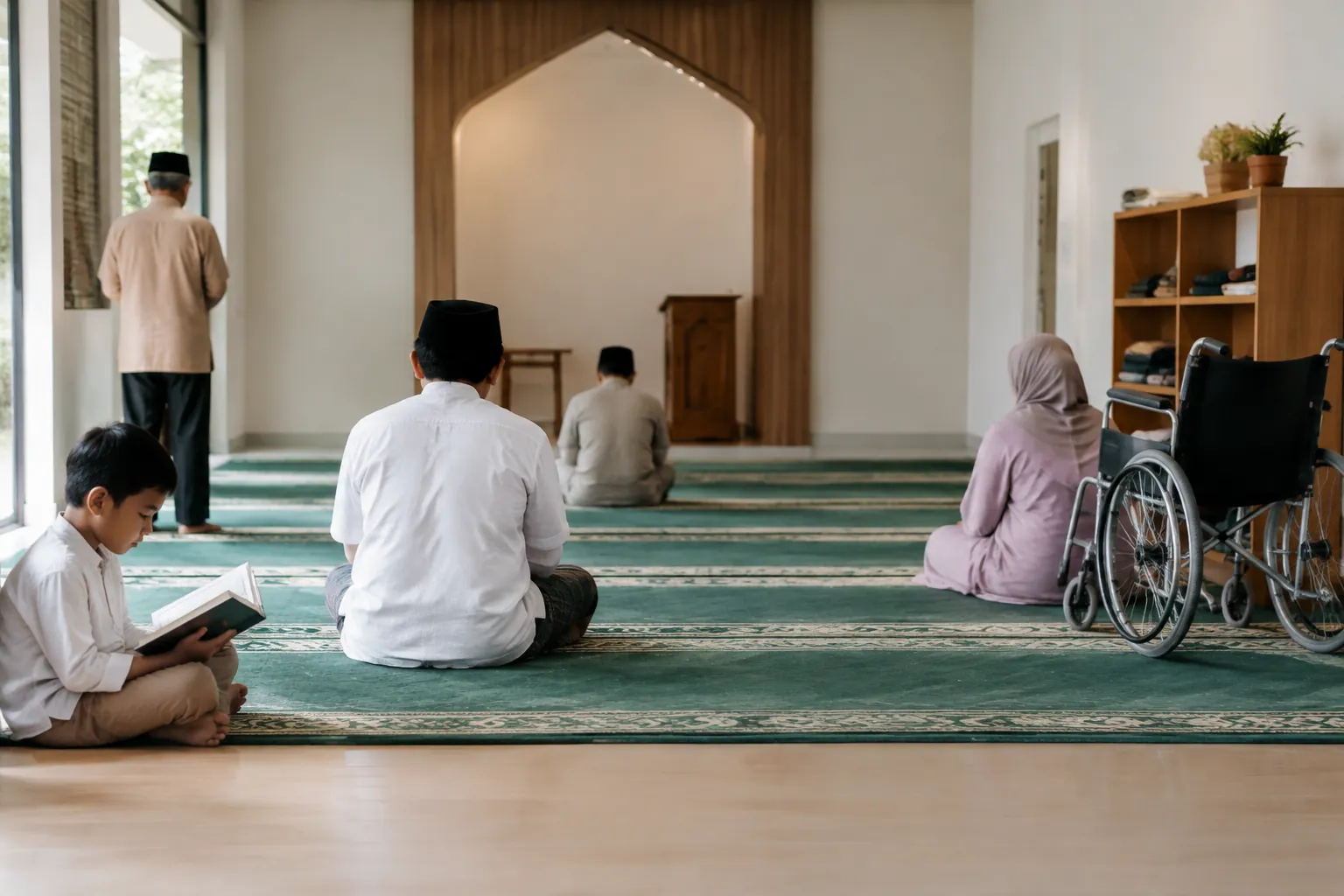Beberapa orang menggunakan ruang salat dengan kursi roda di sisi area