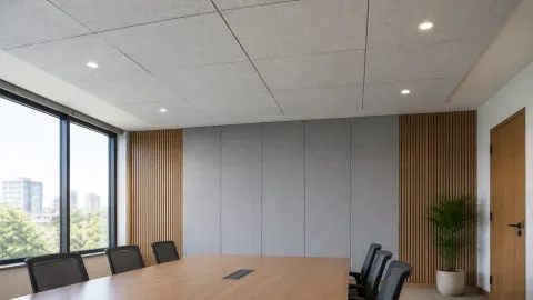 Ruang rapat dengan panel plafon abu-abu dan meja panjang