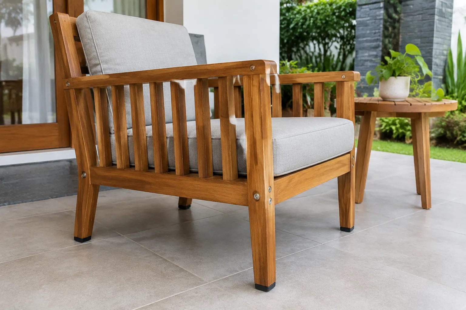 Kursi kayu berbantal putih berada di teras