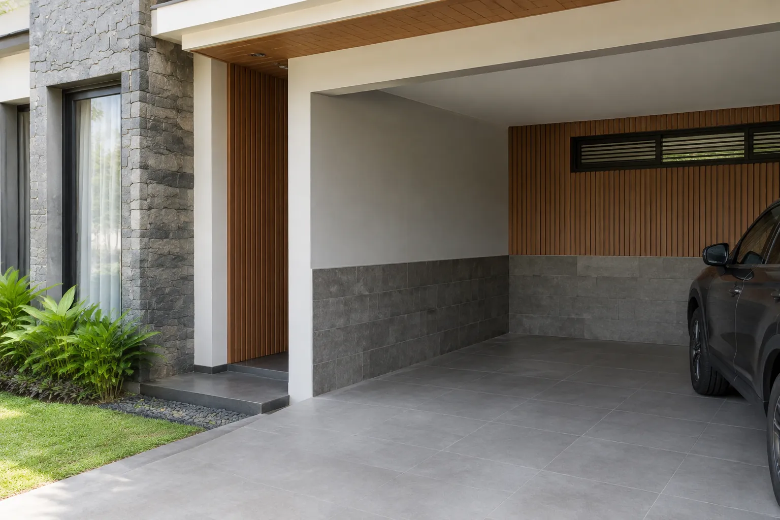 Bagian dalam garasi dengan dinding dua warna