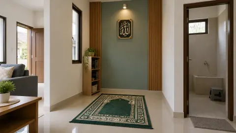Mushola kecil dengan karpet hijau dan rak di sisi dinding