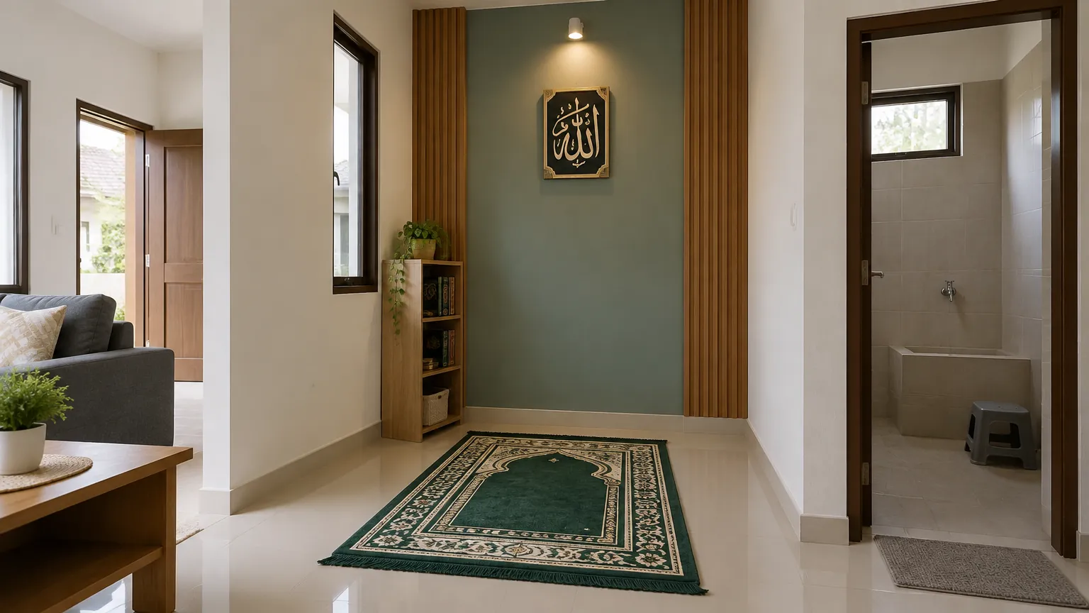Mushola kecil dengan karpet hijau dan rak di sisi dinding