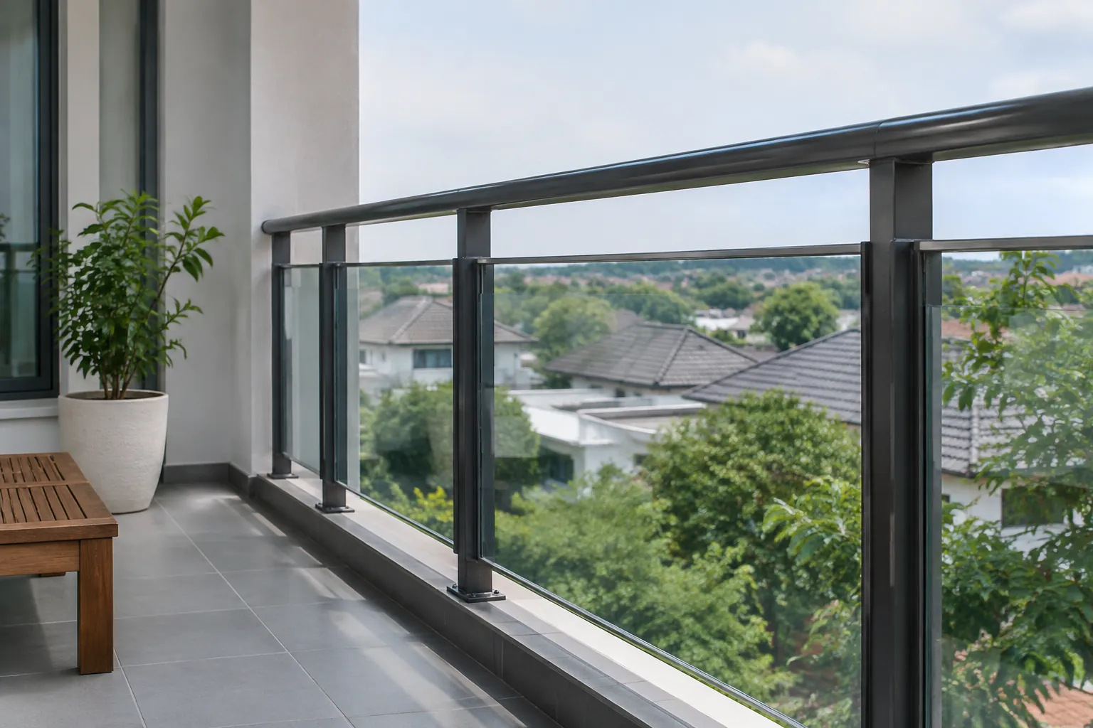 Pagar kaca balkon dapat diamati dari ruang di sisinya