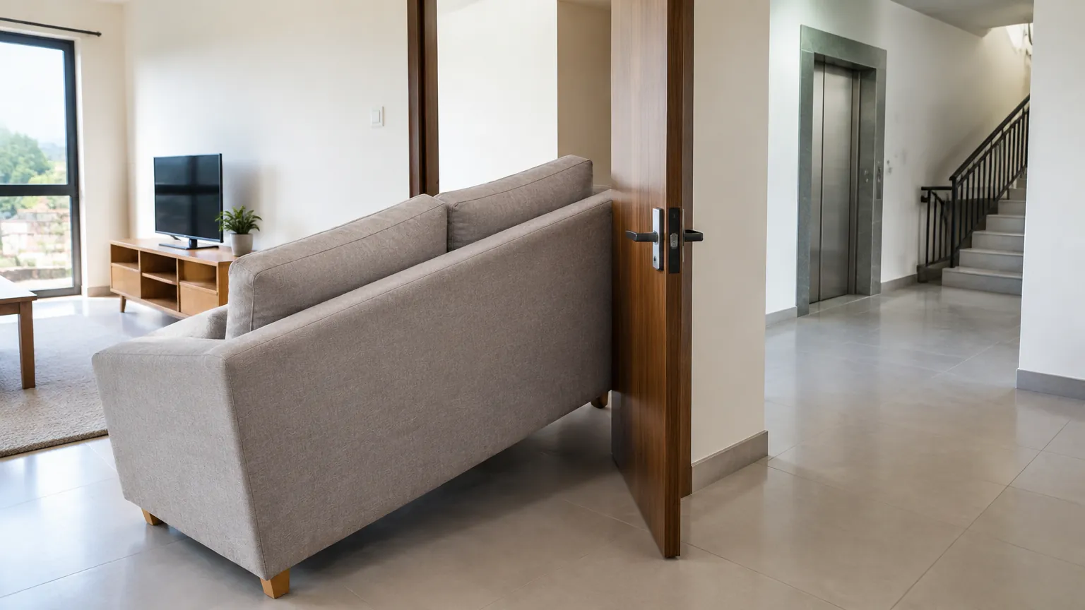 Sofa di dekat bukaan pintu menuju lorong
