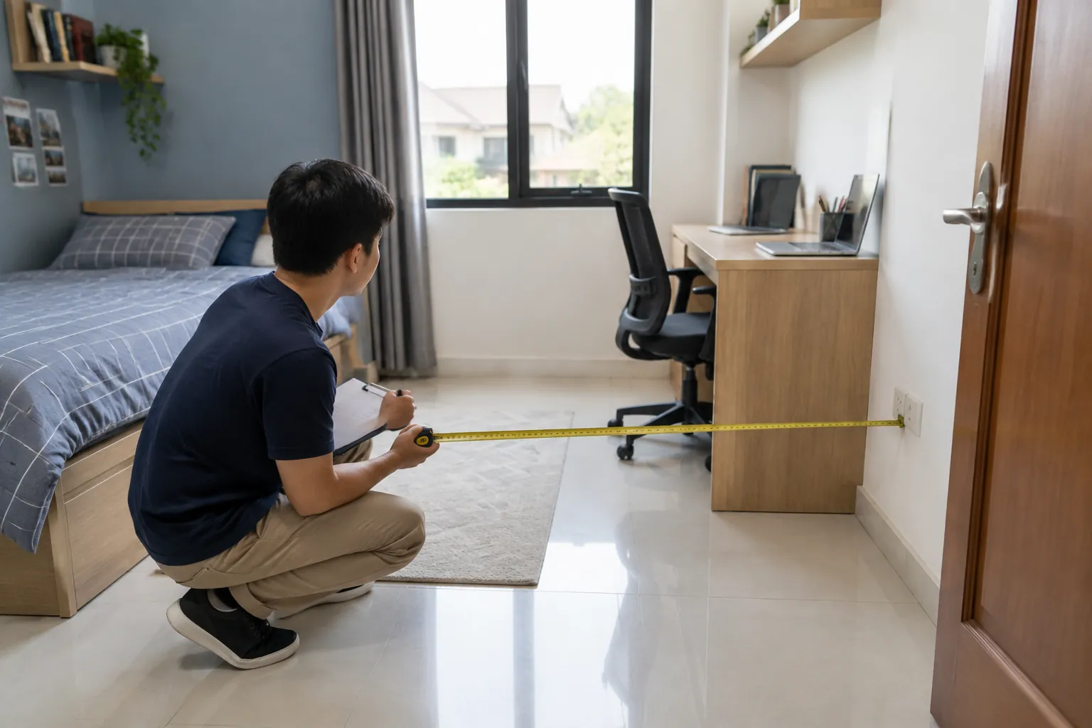 Seseorang mengukur jarak antara tempat tidur dan meja kamar