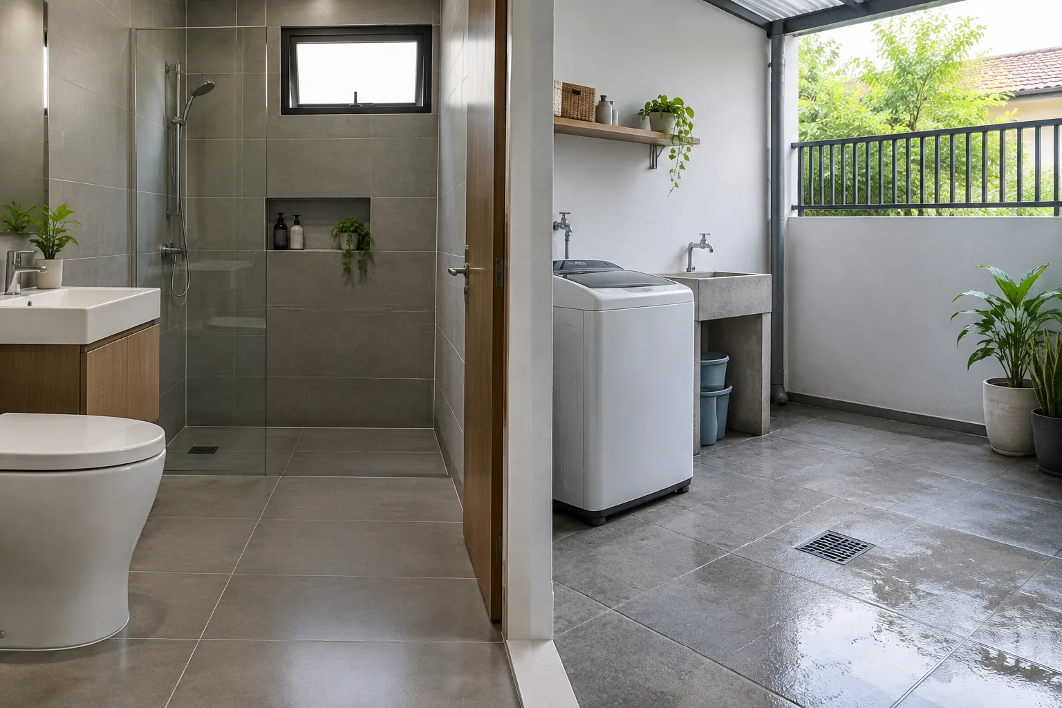 Area shower, wastafel, dan tempat cuci dalam satu ruang