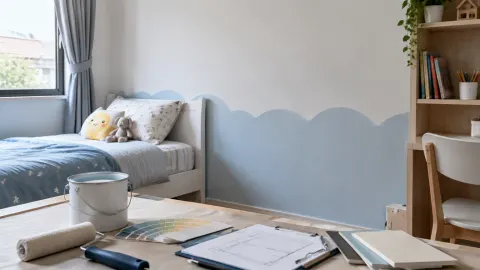 Kamar anak dengan dinding dua warna dan perlengkapan renovasi