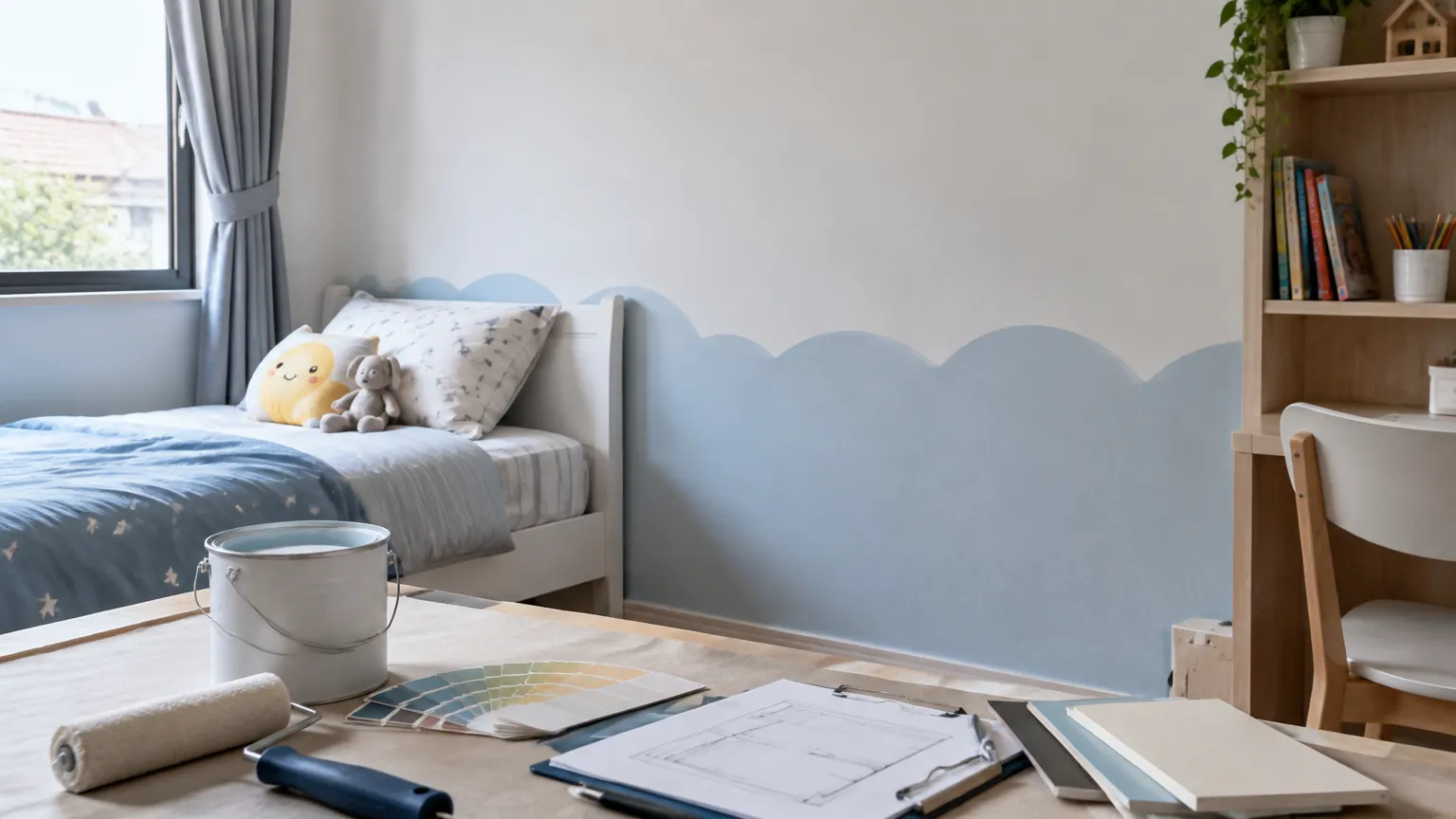 Kamar anak dengan dinding dua warna dan perlengkapan renovasi