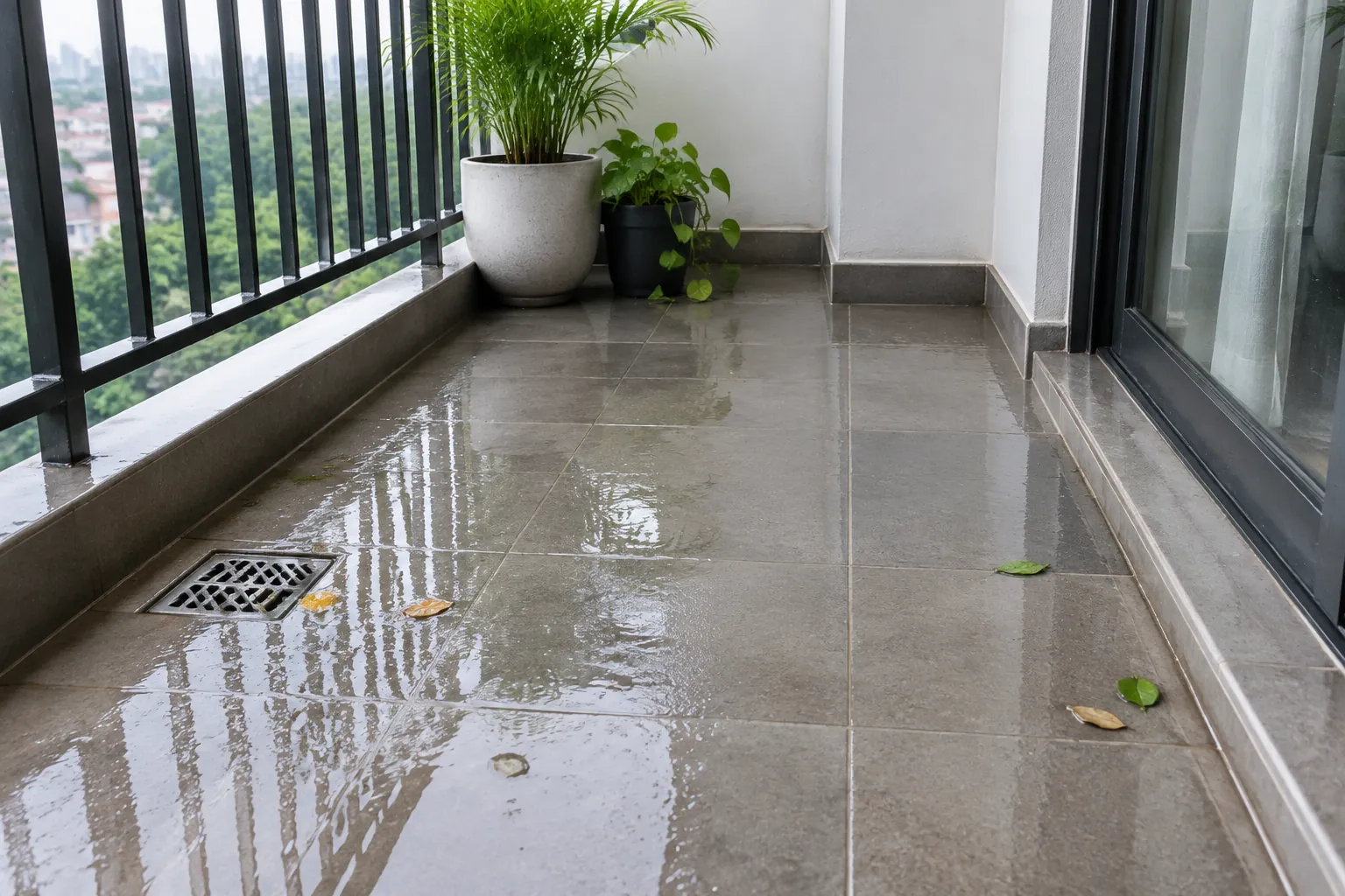 Air mengalir di lantai balkon menuju saluran pembuangan