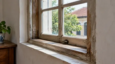 Jendela kayu lama dengan bingkai yang tampak aus