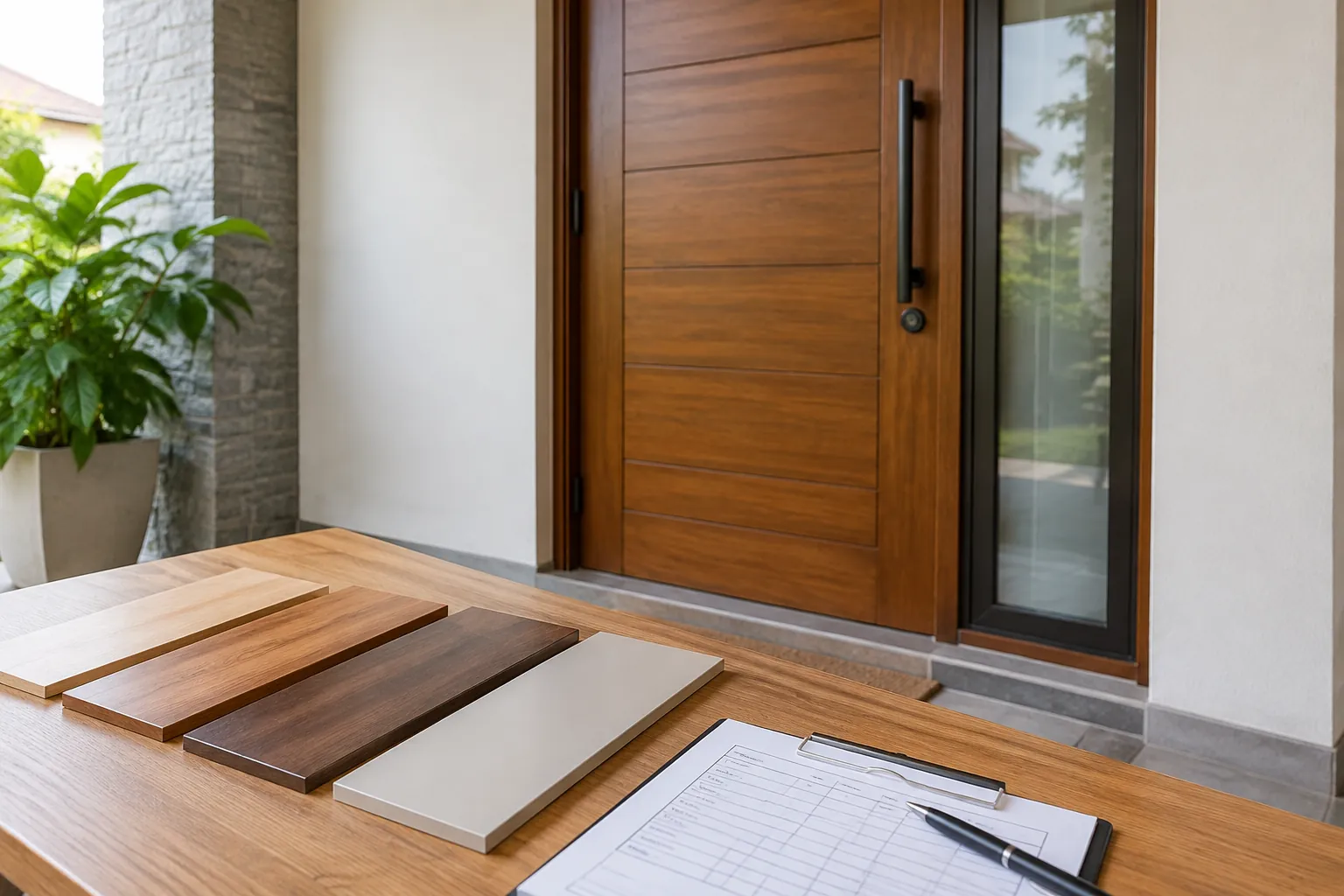 Contoh warna finishing di depan pintu kayu luar rumah
