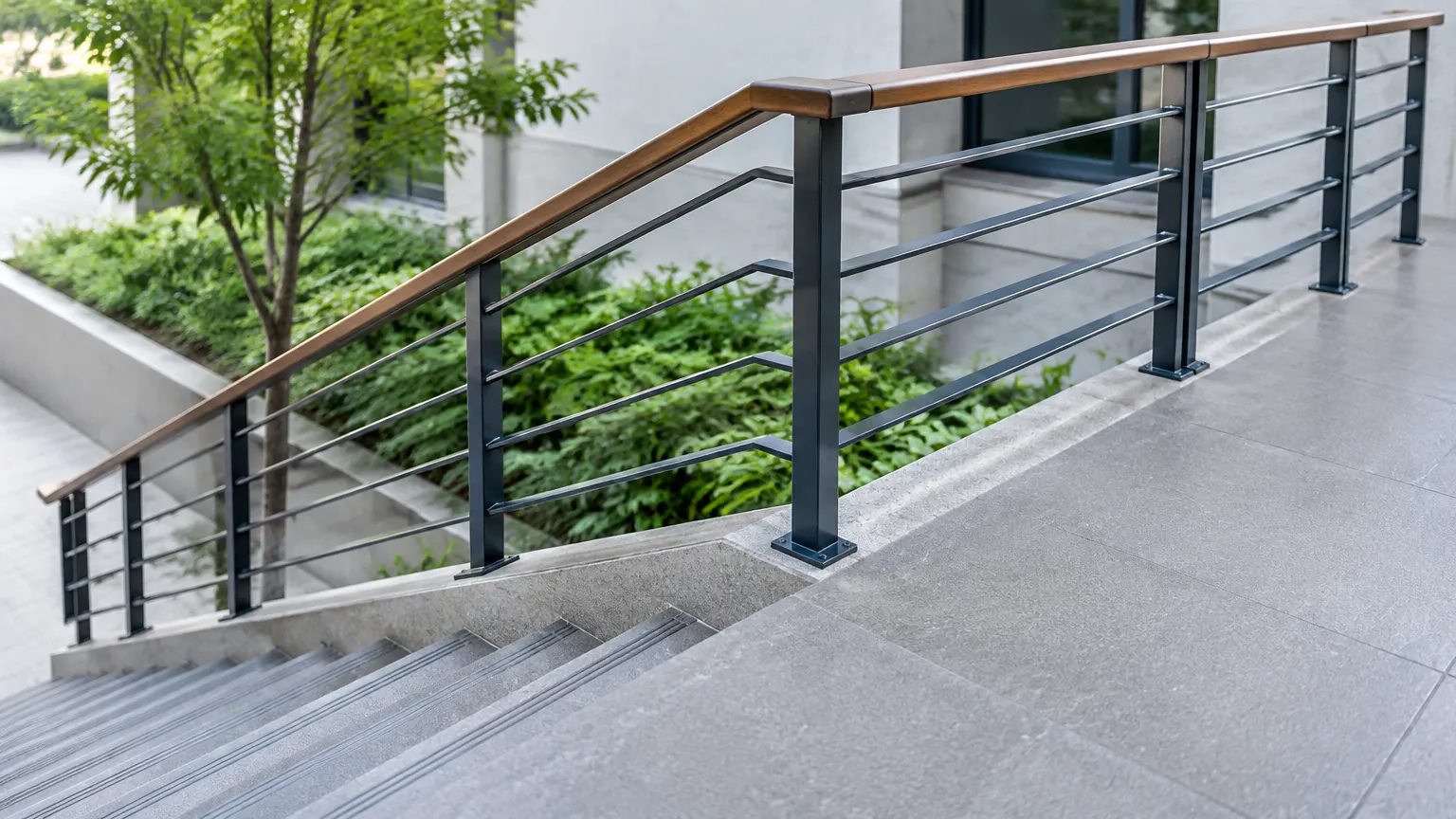 Railing tangga luar dengan tiang dan kabel logam