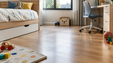 Kamar anak dengan lantai kayu, mainan, dan meja belajar