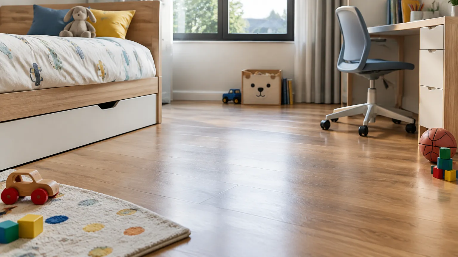 Kamar anak dengan lantai kayu, mainan, dan meja belajar
