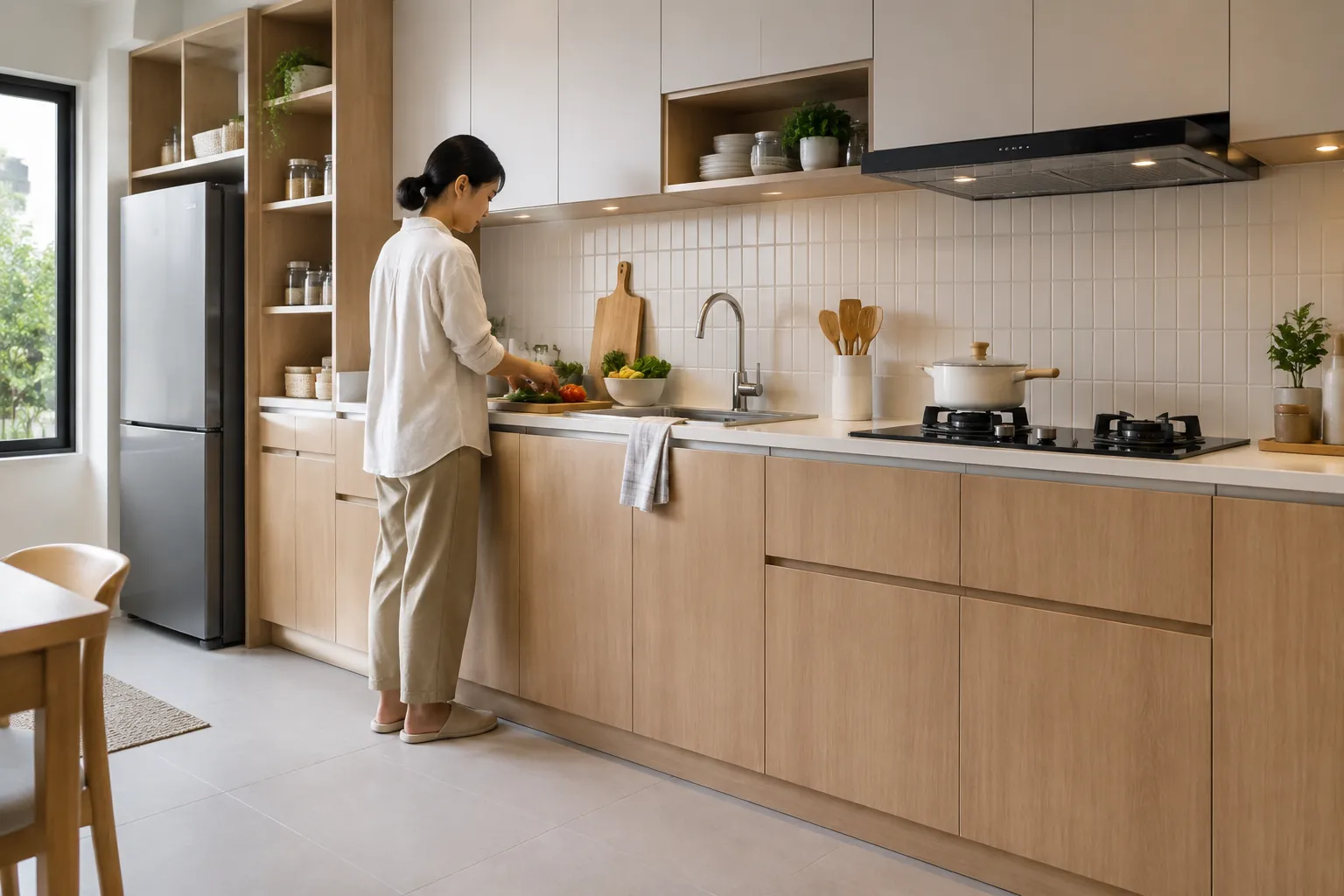 Pengguna berada di depan meja dapur.