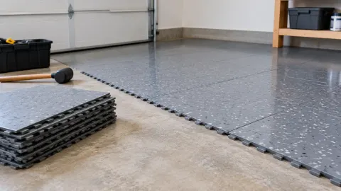 Panel lantai garasi disusun di atas dasar beton