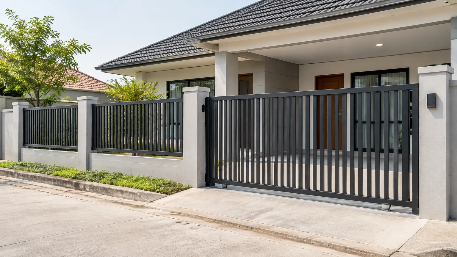 Gerbang dan pagar logam sederhana di depan rumah
