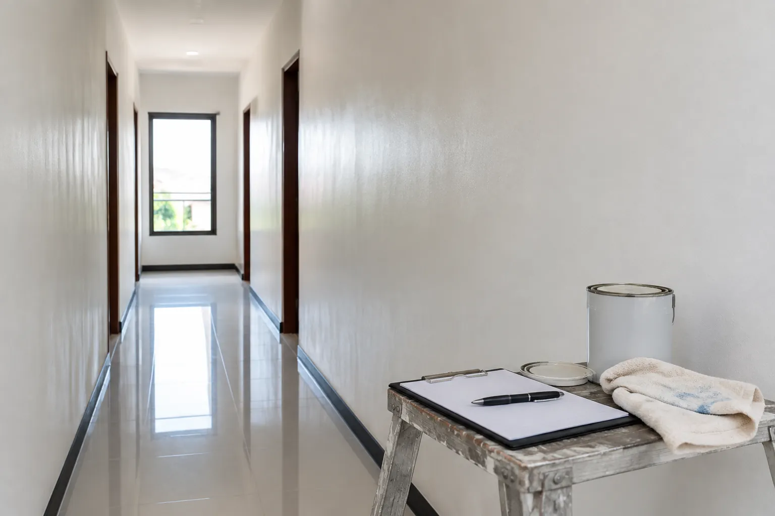 Lorong baru selesai diperbaiki dengan peralatan di samping