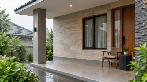 Teras rumah dengan dinding batu dan panel kayu