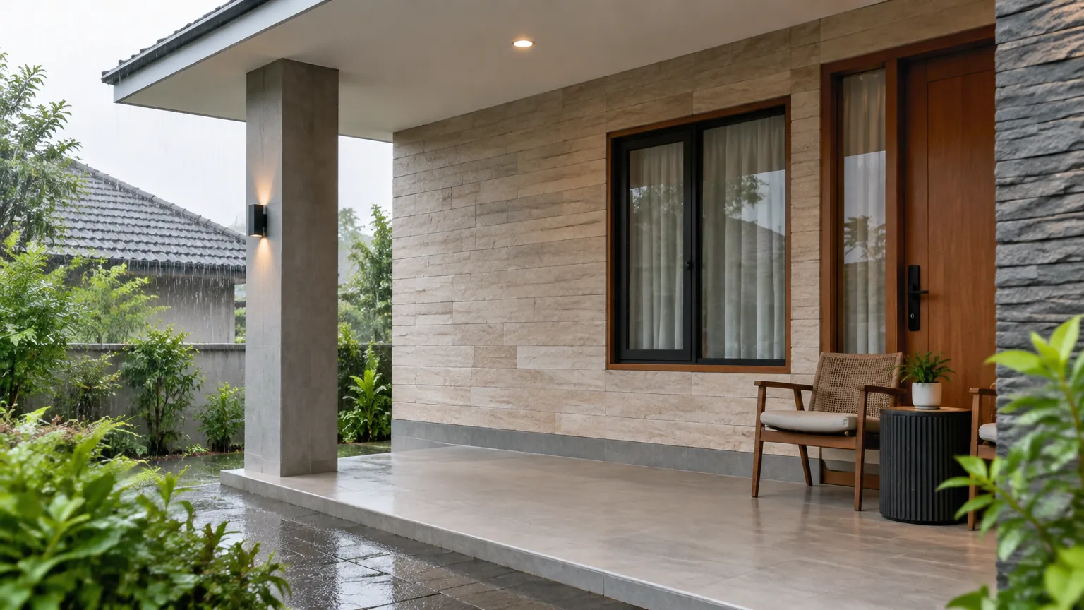 Teras rumah dengan dinding batu dan panel kayu
