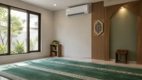 Mushola dengan karpet hijau dan unit pendingin di dinding