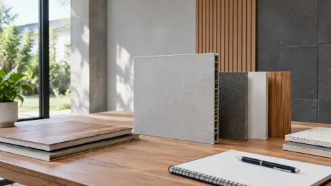 Beberapa sampel material dinding di atas meja