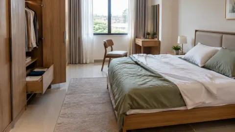 Kamar tidur dengan tempat tidur, lemari, dan meja kerja