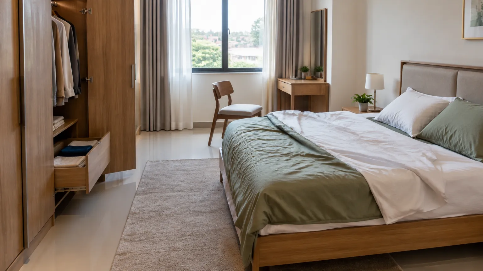 Kamar tidur dengan tempat tidur, lemari, dan meja kerja