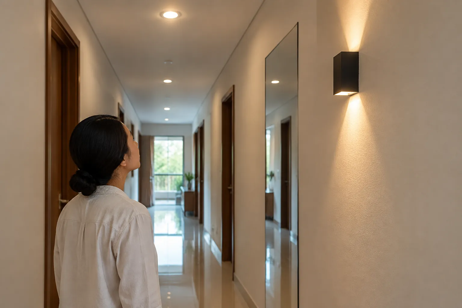 Seseorang menilai lampu dinding pada lorong rumah