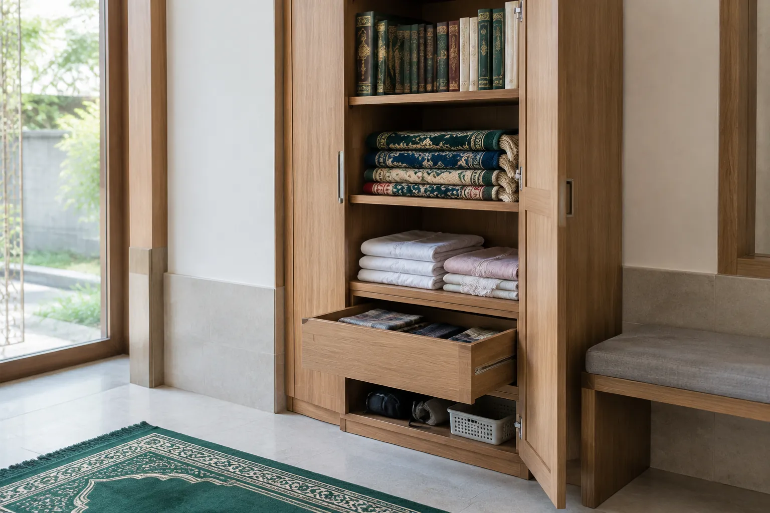 Rak dan laci kabinet musala terbuka memperlihatkan perlengkapan simpan