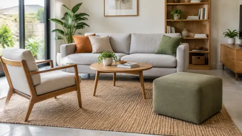 Ruang keluarga dengan sofa, kursi, meja, dan ottoman yang dapat dipindahkan