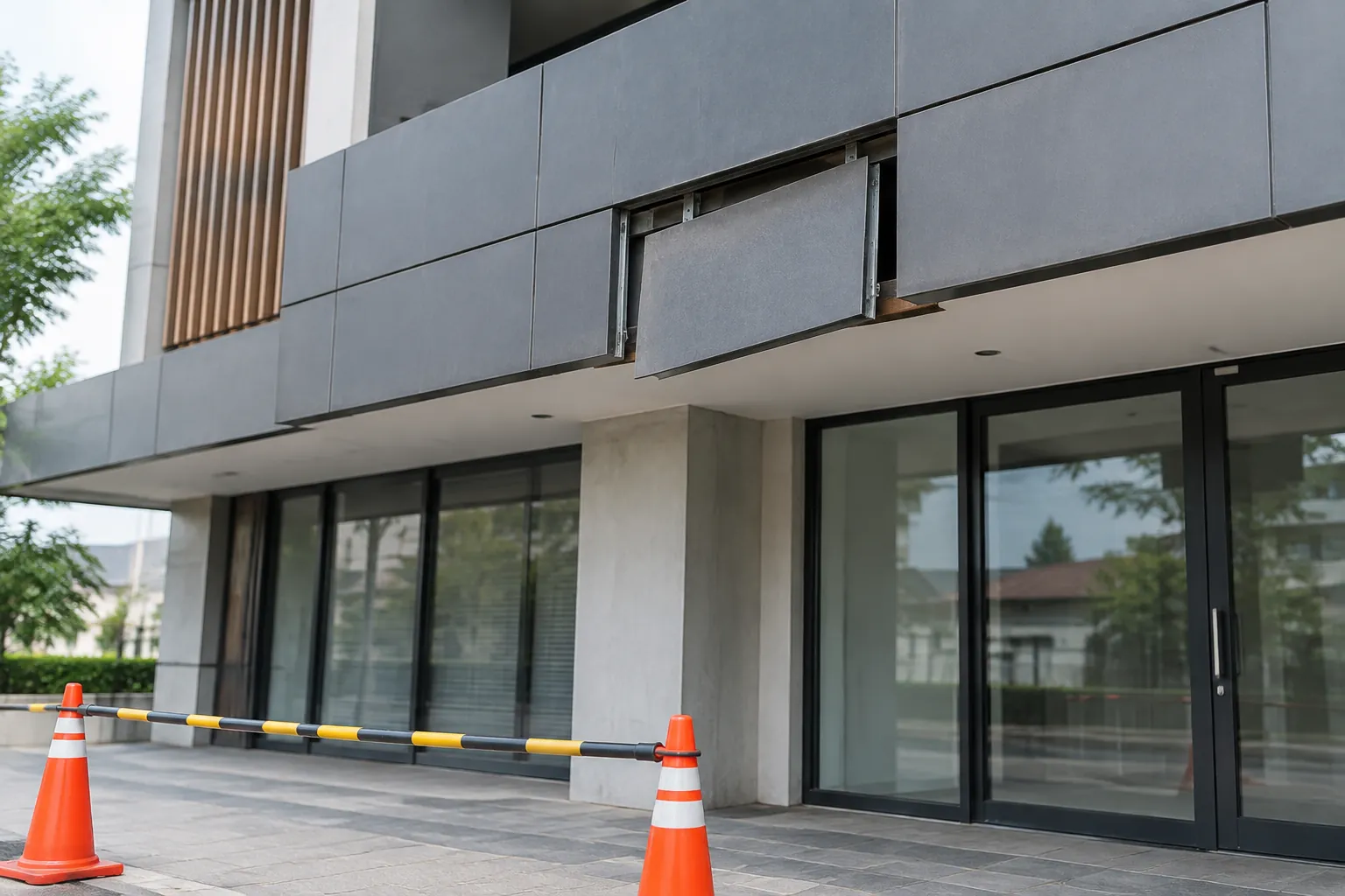 Bagian depan bangunan dibatasi kerucut saat area fasad diperiksa