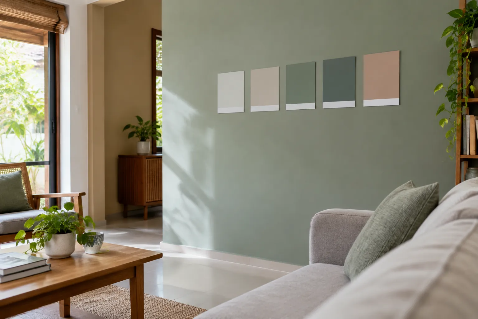 Beberapa sampel warna ditempel pada dinding hijau dekat sofa