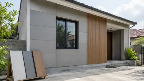 Fasad rumah dengan contoh panel pelapis di lantai