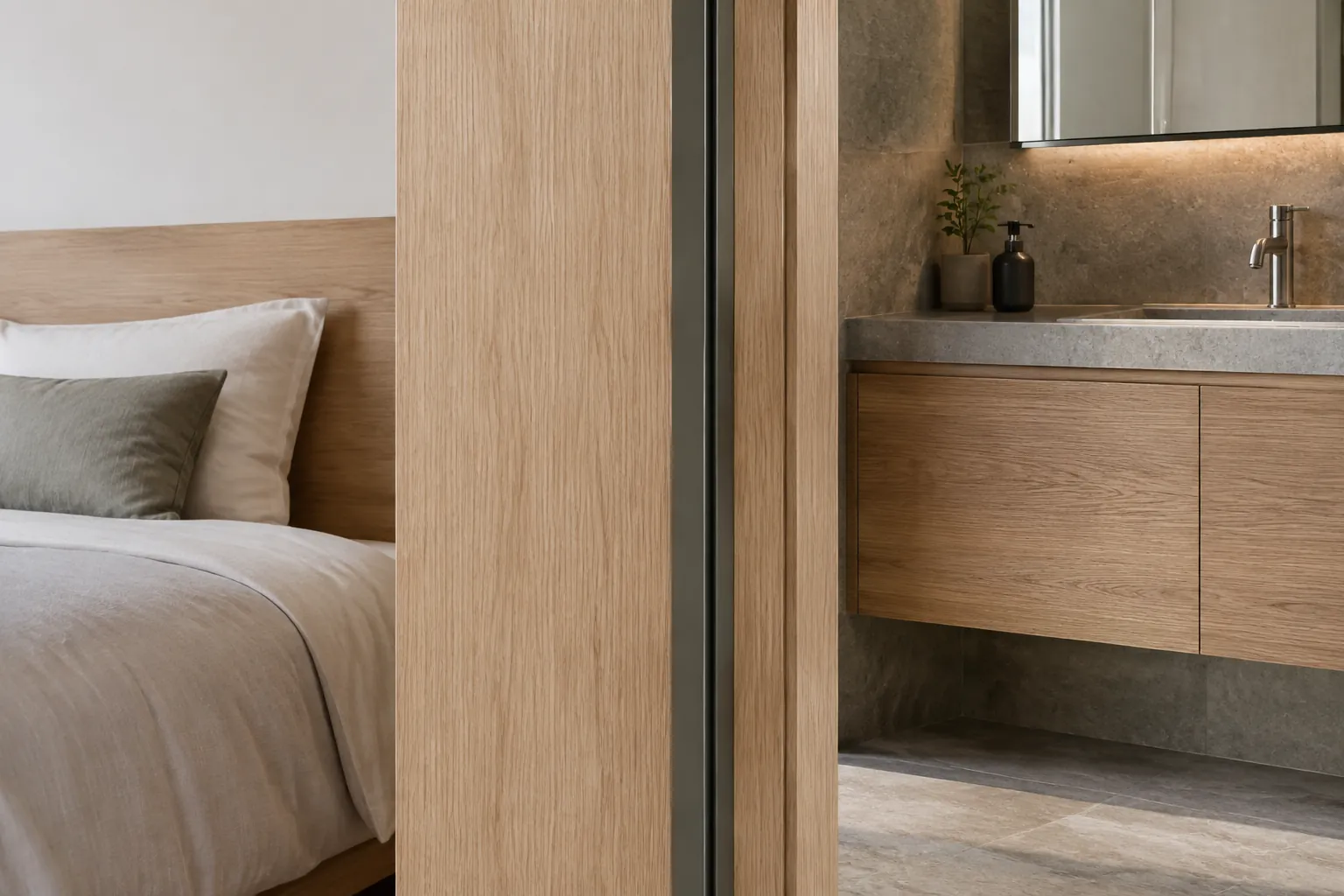 Panel kayu partisi di antara ruang tidur dan kamar mandi