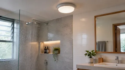 Kamar mandi dengan lampu plafon dan area pancuran