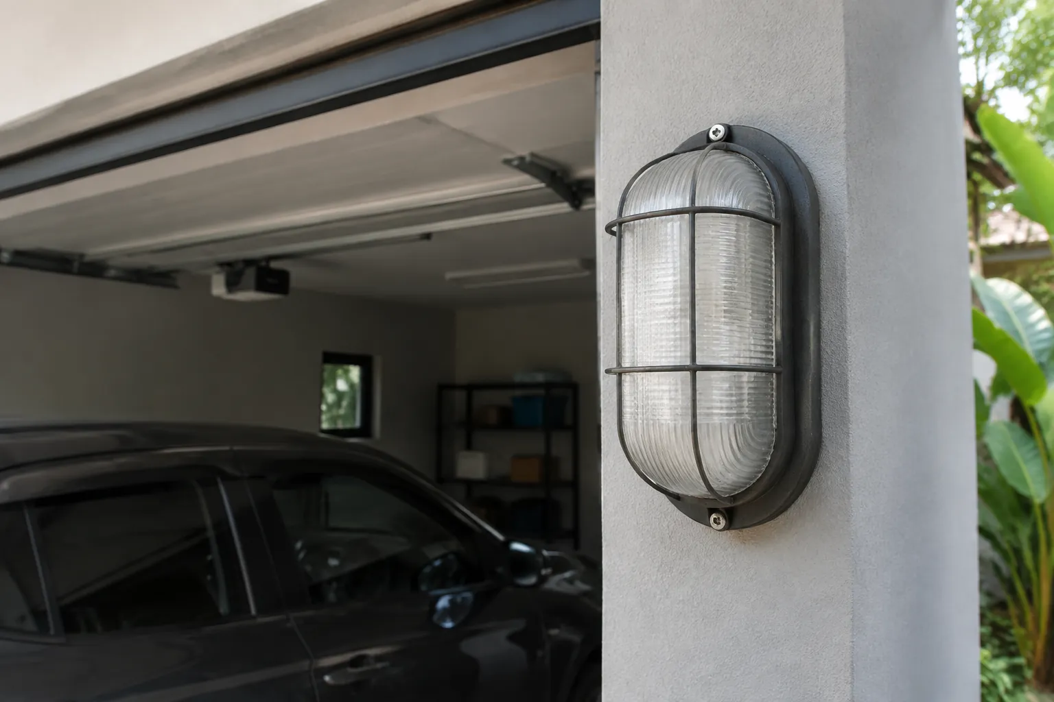 Lampu dinding bercangkang logam di tiang garasi