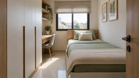 Kamar tidur sempit dengan tempat tidur di sisi jendela