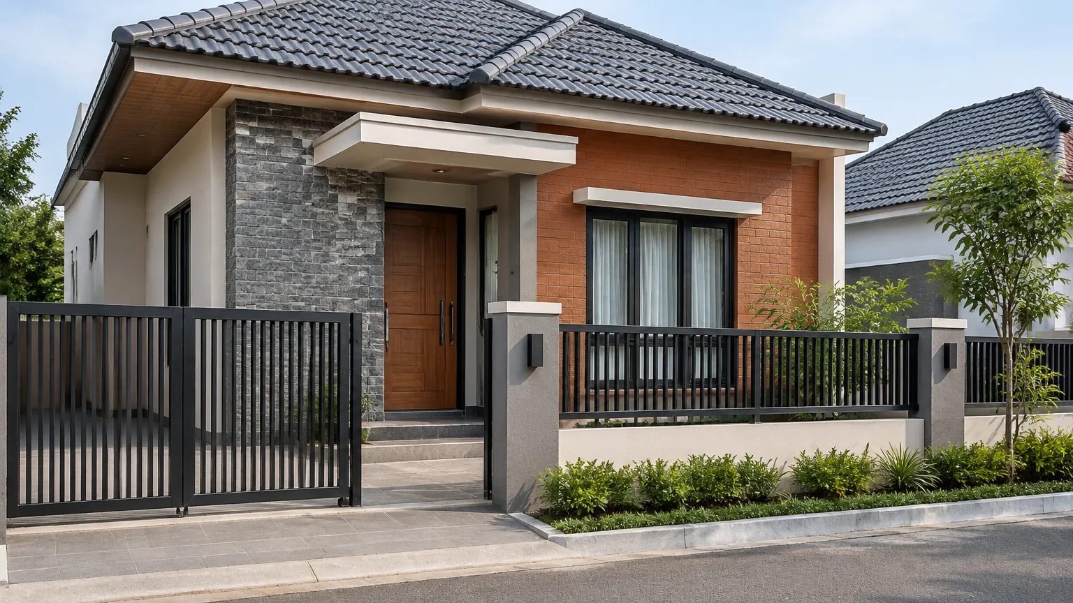 Fasad rumah dengan warna dinding, kayu, dan atap gelap