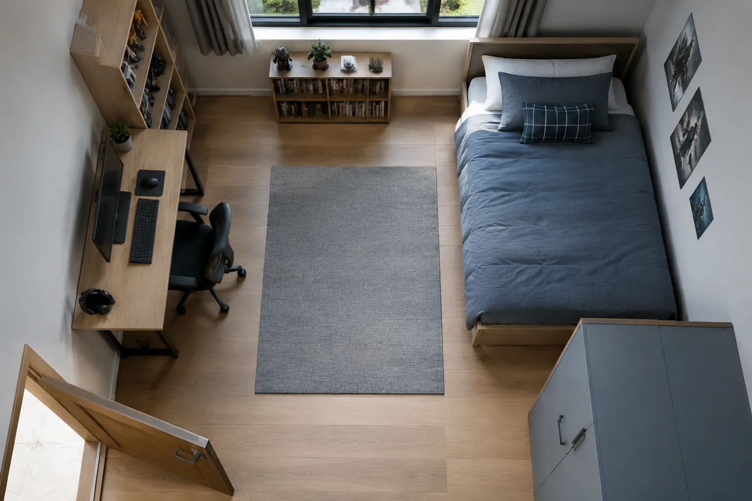 Kamar remaja dilihat dari atas dengan area tidur dan meja belajar