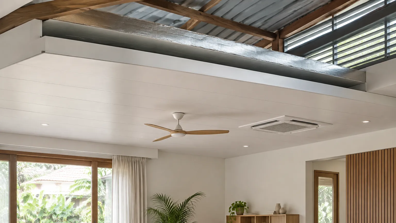 Plafon dengan kipas dan bukaan ventilasi dekat atap